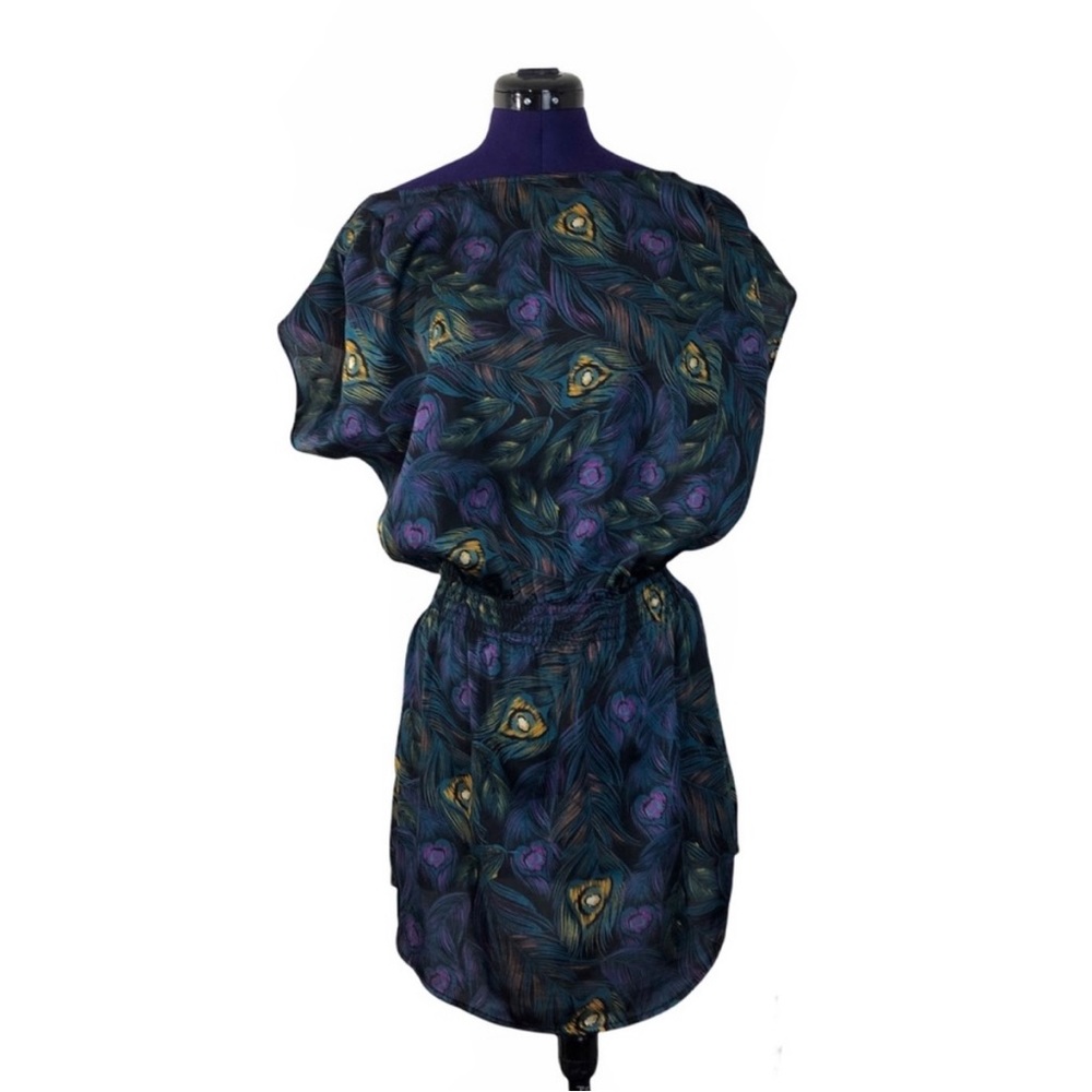 Divided Black Purple Green Peacock Feather Patterned Dress